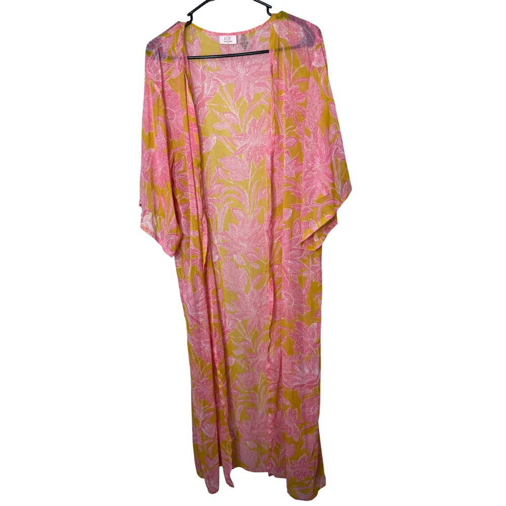 P2F Kimono Duster Pink Yellow Floral Open Front One Size Bohemian Cover Up